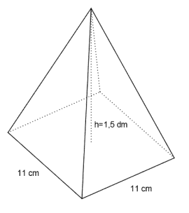 Pyramide med kvadratisk grunnflate. Sidelengden i kvadratet er på 11 cm, og høyden i pyramiden er 1,5 dm.